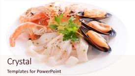  Presentation with white marble plate marble - Colorful slide set enhanced with mariscos - tasty seafood on plate isolated backdrop and a  colored foreground
