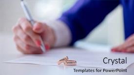  Presentation with agreement signing - Presentation design with marital happiness - woman signing prenuptial agreement background and a lemonade colored foreground