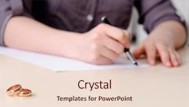  Presentation with agreement signing - PPT theme having marital happiness - woman signing prenuptial agreement background and a lemonade colored foreground