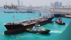 Presentation with abu dhabi - Colorful presentation design enhanced with maritime - two boats docked to industrial backdrop and a light blue colored foreground