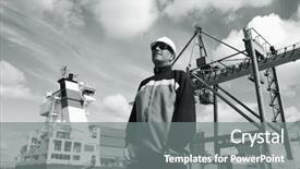  Presentation with blue metallic - Theme with engineer in port with container-port in background all in a metallic blue toning idea background and a gray colored foreground