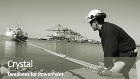  Presentation with container port - Cool new presentation theme with port engineer mooring large ship with container-port in background duplex toned concept backdrop and a gray colored foreground