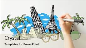  Presentation with rural tourism people adventure - PPT theme with marker drawing drawing touristic landmarks background and a soft green colored foreground