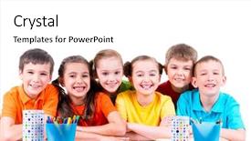  Presentation with crayons - Cool new PPT theme with green red yellow - group of children sitting backdrop and a white colored foreground