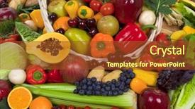  Presentation with organic fruits and leafy greens - Presentation theme enhanced with market basket - organic healthy vegetables and fruits background and a tawny brown colored foreground