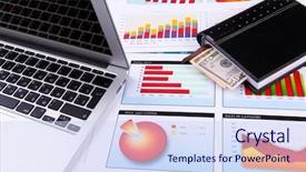  Presentation with spreadsheet data and business charts - Theme enhanced with market economy - graphs charts business table background and a  colored foreground