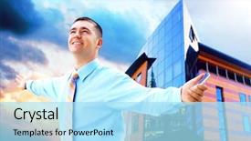  Presentation with business - Slides consisting of market economy - hapiness businessman standing background and a arctic colored foreground