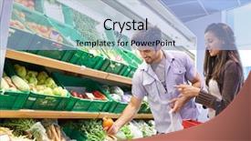  Presentation with supermarket shopping cart buying food - Beautiful presentation featuring market grocery - young couple shopping backdrop and a light blue colored foreground