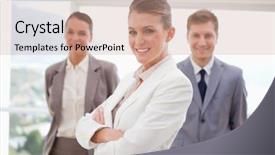 Presentation with market - PPT theme enhanced with market manager standing with arms background and a  colored foreground