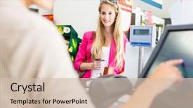  Presentation with grocery store - Amazing slide deck having market stores - beautiful young woman paying backdrop and a soft green colored foreground