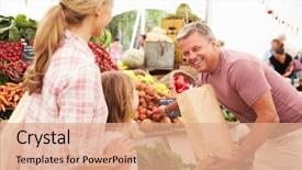  Presentation with family - Beautiful presentation theme featuring marketing - family buying fresh vegetables backdrop and a coral colored foreground