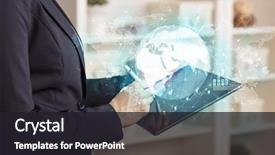  Presentation with business change - Colorful slide set enhanced with marketing - working business woman with global backdrop and a dark gray colored foreground