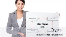 Presentation with concept - PPT theme enhanced with marketing 4p background - young businesswoman holding a board background and a  colored foreground