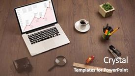  Presentation with desk - Colorful slide deck enhanced with marketing communications - computer wooden desk with laptop backdrop and a tawny brown colored foreground