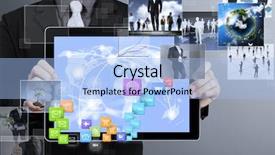  Presentation with touch screen - Presentation theme enhanced with marketing communications - touch screen touch- tablet background and a light blue colored foreground