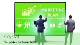  Presentation with marketing - Colorful slide deck enhanced with marketing-concept-illustration-with-businessman backdrop and a seafoam green colored foreground