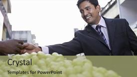  Presentation with vendor - PPT theme featuring marketing india - happy young businessman buying grapes background and a  colored foreground