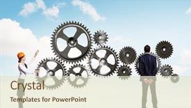  Presentation with organization - Colorful presentation design enhanced with marketing machinery - businessman and businesswoman with cog backdrop and a  colored foreground