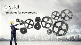  Presentation with tire and wheel - Colorful slides enhanced with marketing machinery - businessman with cog wheel elements backdrop and a  colored foreground