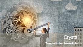  Presentation with mechanism - Slide set consisting of marketing machinery - young businesswoman fixing gears mechanism background and a gray colored foreground