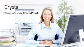  Presentation with working - Audience pleasing PPT theme consisting of marketing management - young smiling business woman working backdrop and a white colored foreground