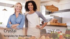  Presentation with staff - Colorful slide deck enhanced with marketing mix - portrait of female staff backdrop and a  colored foreground