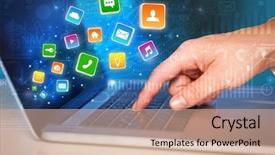  Presentation with global laptop - Slides having marketing online - hand using laptop with bouncing background and a coral colored foreground