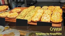  Presentation with bakery - PPT theme consisting of marketing pizza - counter with tasty bakery products background and a  colored foreground
