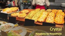  Presentation with packaging of bakery products - Colorful PPT theme enhanced with marketing pizza - counter with tasty bakery products backdrop and a  colored foreground