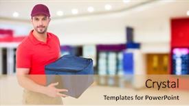  Presentation with online shopping and delivery - Amazing slide deck having marketing pizza - delivery man against blurry shopping backdrop and a  colored foreground
