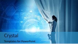  Presentation with curtain opening - Amazing slide deck having marketing presentation - young businesswoman with megaphone opening backdrop and a cyan colored foreground