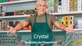  Presentation with products supermarket - Presentation design consisting of marketing products - senior salesman with arms outstretched background and a ocean colored foreground