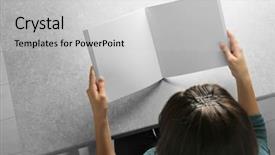  Presentation with brochure - Amazing slide deck having marketing publications - woman sitting at table backdrop and a light gray colored foreground