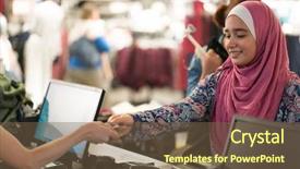  Presentation with khaadi fabrics - Slide set having woman choosing fabrics at market background and a tawny brown colored foreground