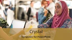  Presentation with islam - Audience pleasing presentation design consisting of woman choosing fabrics at market backdrop and a yellow colored foreground