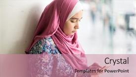  Presentation with woman muslim - Audience pleasing PPT theme consisting of woman choosing fabrics at market backdrop and a coral colored foreground