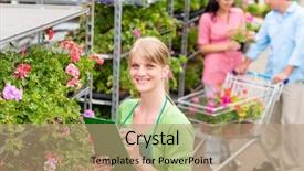  Presentation with inventory - Presentation theme consisting of marketing services - female florist working at garden background and a  colored foreground