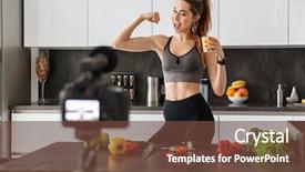  Presentation with healthy food - PPT theme having marketing sport - fit healthy young girl recording background and a tawny brown colored foreground