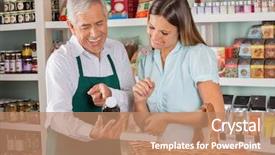  Presentation with salesman - Slide deck having marketing supermercados - senior salesman assisting female customer background and a coral colored foreground