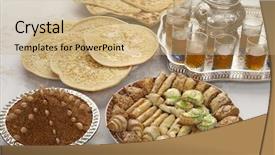  Presentation with almond - Audience pleasing slides consisting of pancakes at id-al-fitr backdrop and a coral colored foreground