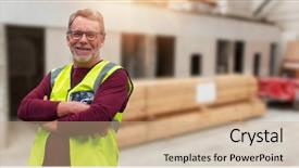  Presentation with senior worker - PPT theme with maroon gray - confident senior worker with arms background and a coral colored foreground