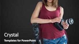  Presentation with holding hands old young - Presentation design consisting of maroon gray - portrait of smiling young photographer background and a dark gray colored foreground