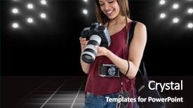  Presentation with lights camera action - Presentation theme featuring maroon technology - happy young photographer looking background and a wine colored foreground