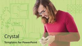  Presentation with green office - PPT theme with maroon technology - millennial man texting against green background and a  colored foreground
