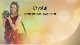  Presentation with go green - Slide set having maroon technology - photographer smiling against green glowing background and a coral colored foreground