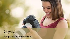  Presentation with green technology - Beautiful slide deck featuring maroon technology - photographer woman smiling with green backdrop and a yellow colored foreground