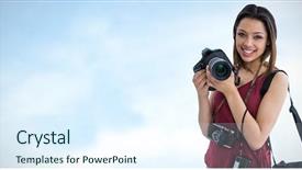  Presentation with blue sky - Cool new slide deck with maroon technology - portrait of happy young woman backdrop and a sky blue colored foreground