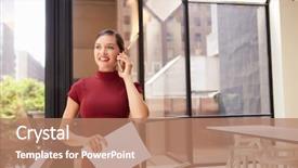  Presentation with phone - Cool new slides with maroon technology - smiling young white businesswoman backdrop and a coral colored foreground
