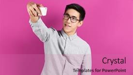  Presentation with selfie - PPT theme enhanced with maroon technology - young asian man taking selfie background and a coral colored foreground