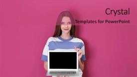  Presentation with modern color - Beautiful presentation theme featuring maroon technology - young lady with modern laptop backdrop and a coral colored foreground